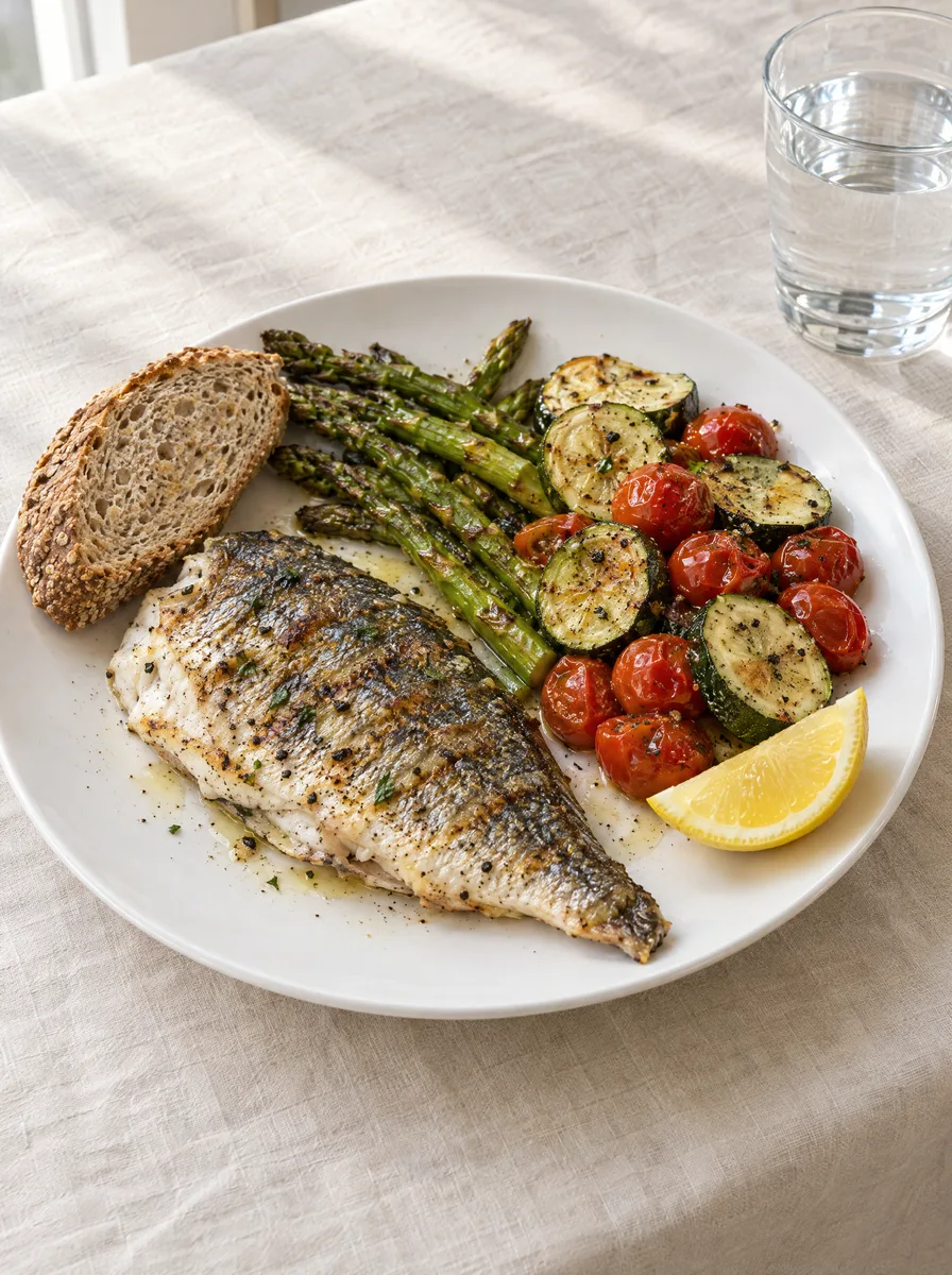 Un piatto di orata alla griglia con asparagi, zucchine, pomodorini e pane integrale